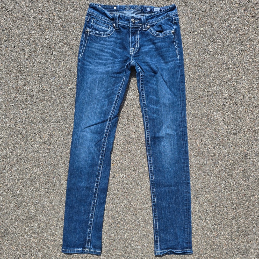 Y2K Miss Me Bedazzled Custom Distressed Stone Acid Wash Denim Jeans Skinny sz 29